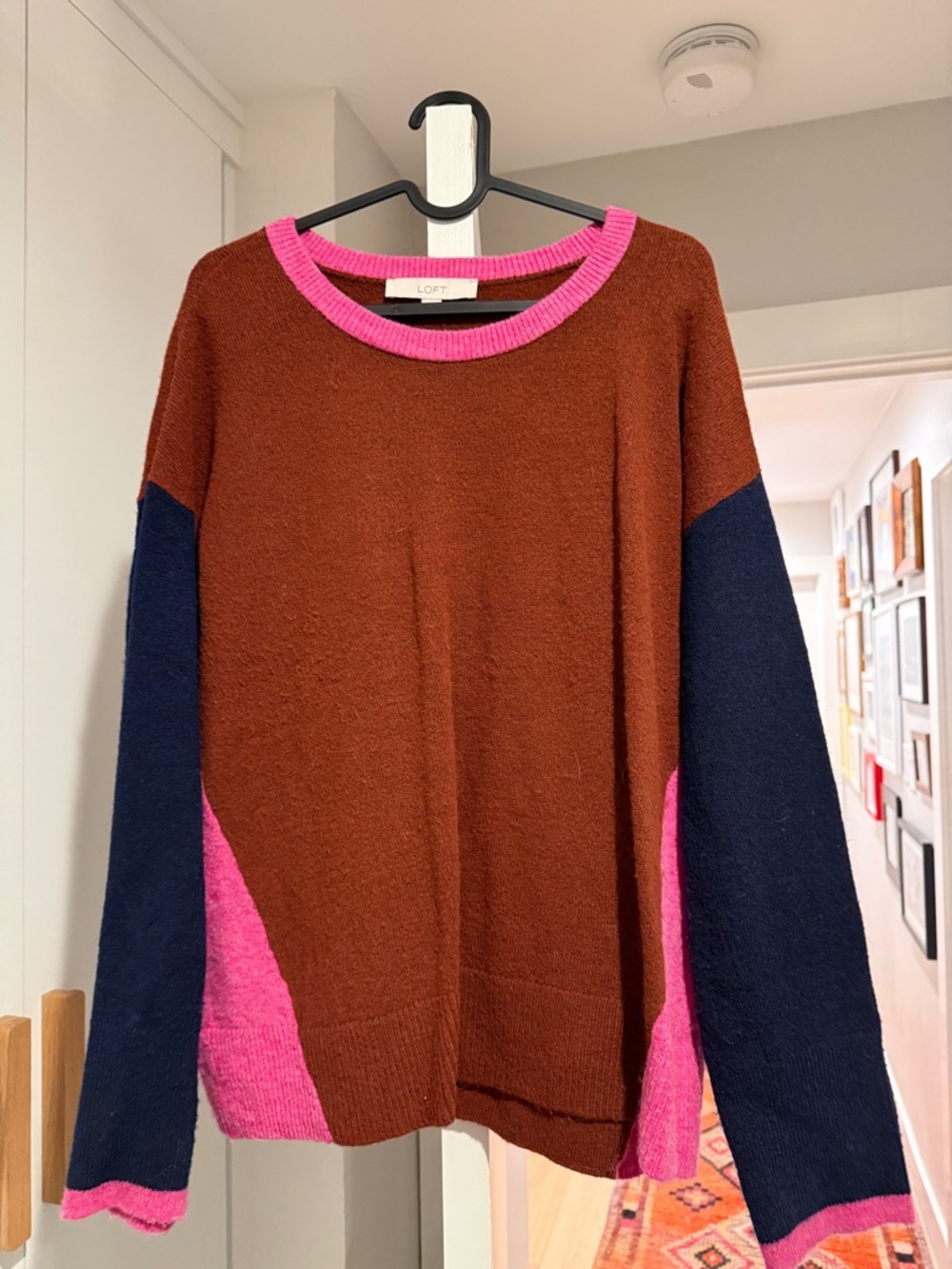 LOFT Brown Sweater with Navy Sleeves and Pink Trim